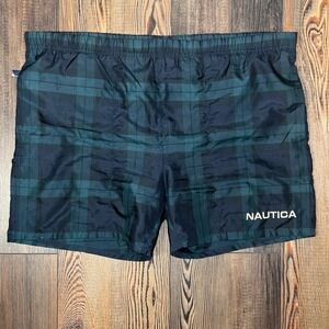 Nautica Mens Green Navy Blue Plaid Swim Trunks Board Shorts Size M VDR 693 436